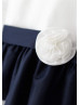 Ivory Navy Blue Stripe Taffeta Knee Length Flower Girl Dress
